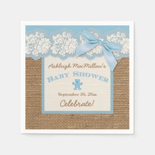 FAUX Burlap Ivory Lace Blue Baby Shower Napkins