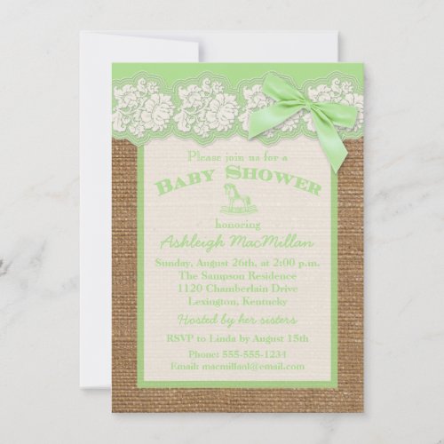FAUX Burlap Ivory Lace, Green Baby Shower Invite