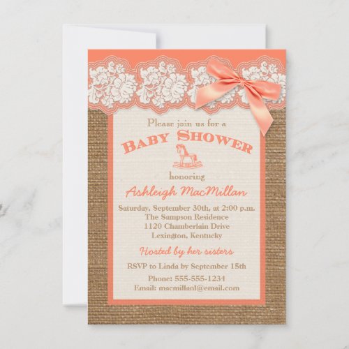 FAUX Burlap Ivory Lace, Orange Baby Shower Invite