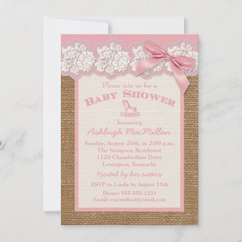 FAUX Burlap Ivory Lace, Pink Baby Shower Invite