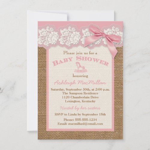 FAUX Burlap Ivory Lace, Pink Baby Shower Invite 2