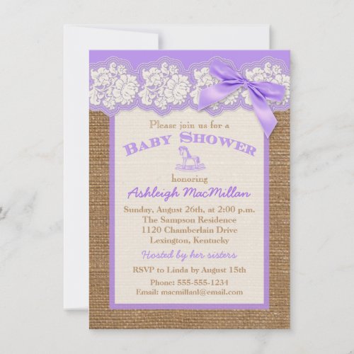 FAUX Burlap Ivory Lace, Purple Baby Shower Invite