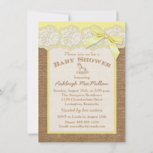 FAUX Burlap Ivory Lace, Yellow Baby Shower Invite