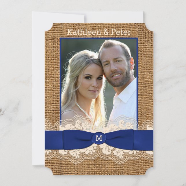 FAUX Burlap, Lace, Bow PHOTO Wedding Invite - Blue (Front)