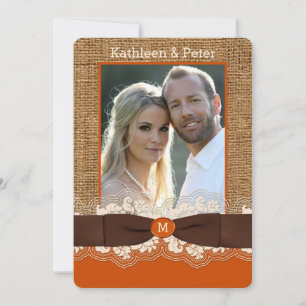 FAUX Burlap Lace Bow PHOTO Wedding Invite, Brown 2 Invitation