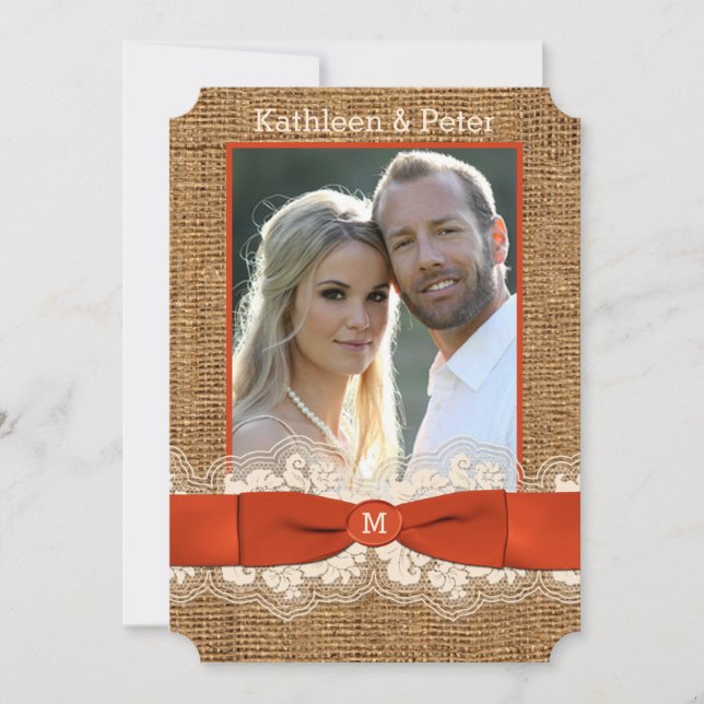 FAUX Burlap Lace Bow PHOTO Wedding Invite - Orange (Front)
