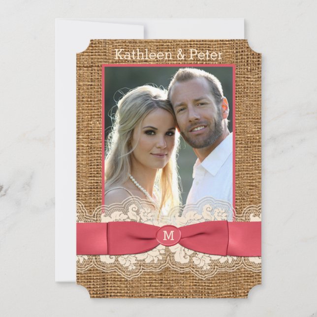 FAUX Burlap, Lace, Bow PHOTO Wedding Invite - Pink (Front)
