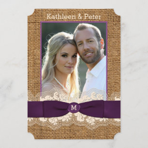 FAUX Burlap Lace Bow PHOTO Wedding Invite, Purple Invitation