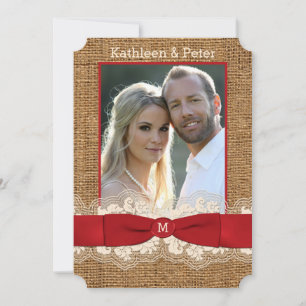 FAUX Burlap, Lace, Bow PHOTO Wedding Invite - Red