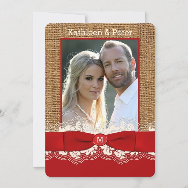 FAUX Burlap, Lace, Bow PHOTO Wedding Invite, Red 2 Invitation (Front)