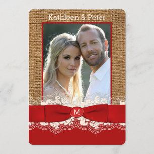 FAUX Burlap, Lace, Bow PHOTO Wedding Invite, Red 2 Invitation