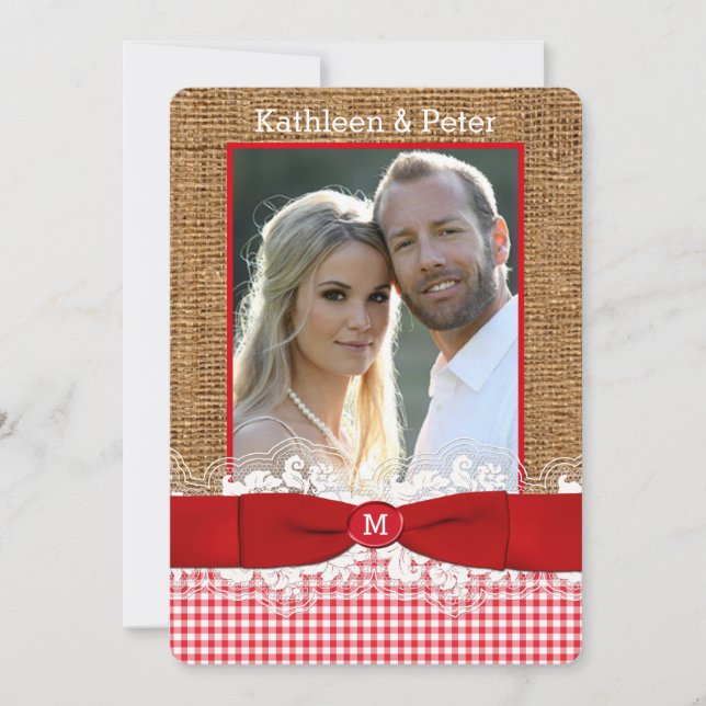 FAUX Burlap, Lace, Bow PHOTO Wedding Invite, Red 3 Invitation (Front)