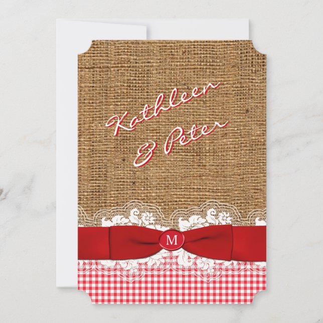 FAUX Burlap, Lace, Gingham Wedding Invite - Red (Front)