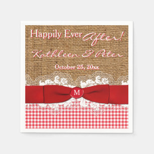 FAUX Burlap, Lace, Gingham Wedding Napkins - Red