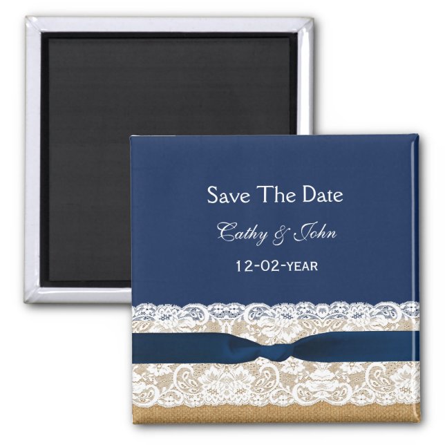 FAUX Burlap lace Rustic save the Date Magnet (Front)