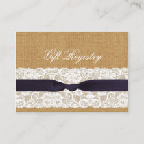 FAUX burlap lace, rustic wedding gift registry Enclosure Card