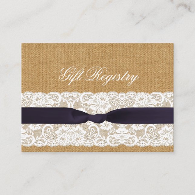 FAUX burlap lace, rustic wedding gift registry Enclosure Card (Front)