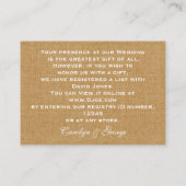 FAUX burlap lace, rustic wedding gift registry Enclosure Card (Back)