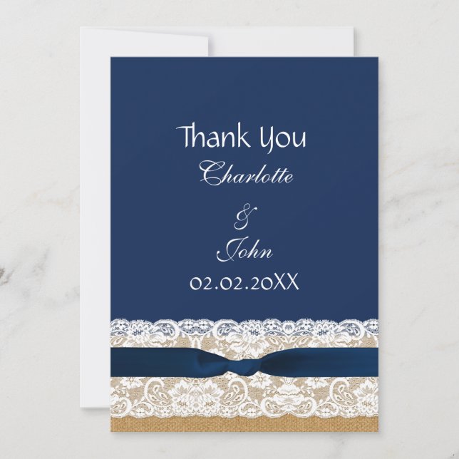 FAUX burlap lace, rustic wedding Thank You Invitation (Front)