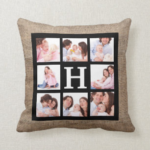 Faux Burlap Monogram with 8 Family Photos Throw Pillow