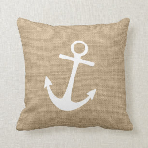 Faux Burlap Nautical Throw Pillow with Anchor