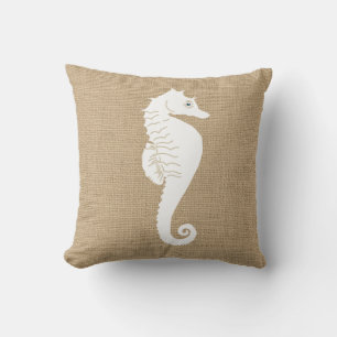 Faux Burlap Nautical Throw Pillow with Sea Horse
