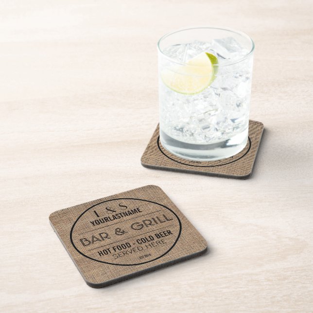 Faux Burlap Old Sign Style Bar and Grill Drink Coaster (Right Side)