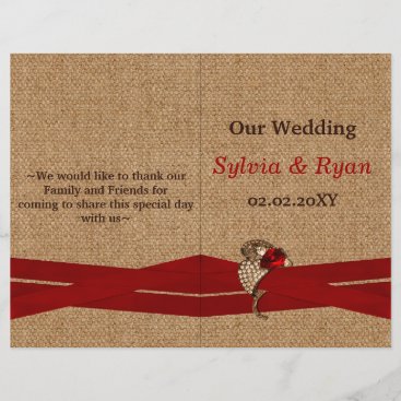 FAUX burlap ,red brooch bi fold Wedding program