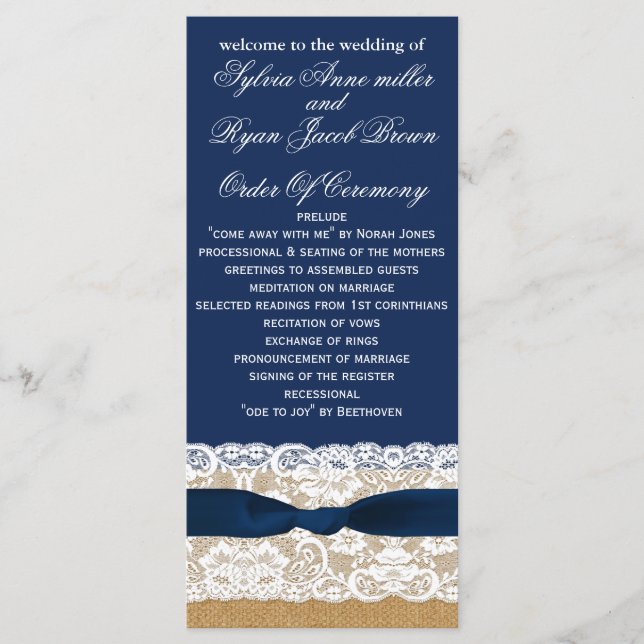 FAUX burlap, rustic wedding programs tea length (Front)