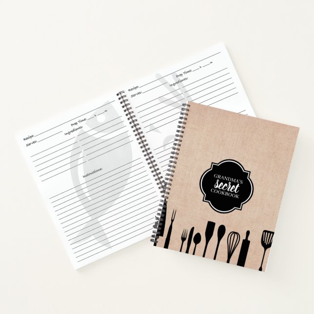Faux Burlap Utensils Personalized Recipe Notebook (Inside)