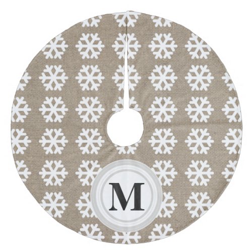 Faux Burlap White Snowflakes Monogram Tree Skirt