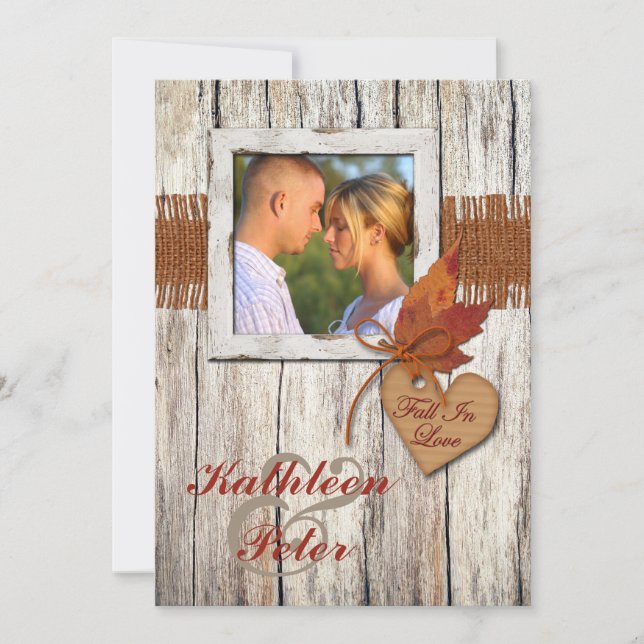 FAUX Burlap, Wood, Leaves, Heart PHOTO Wedding Invitation (Front)