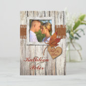 FAUX Burlap, Wood, Leaves, Heart PHOTO Wedding Invitation (Standing Front)