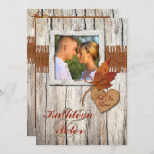 FAUX Burlap, Wood, Leaves, Heart PHOTO Wedding Invitation (Front/Back)