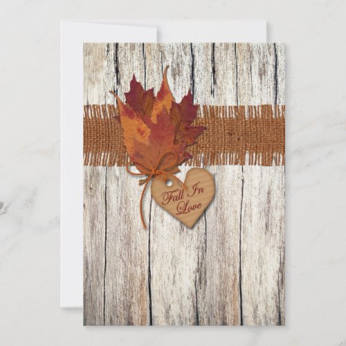 FAUX Burlap Wood Leaves Heart Wedding Invite