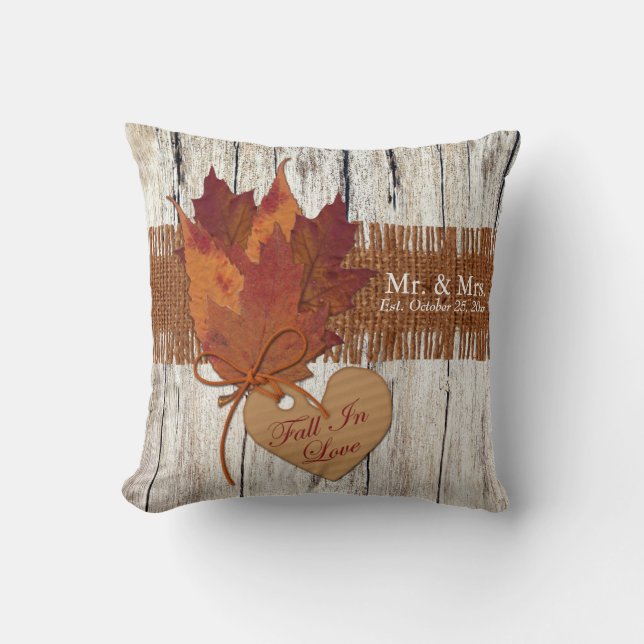 FAUX Burlap, Wood, Leaves Heart Wedding Pillow (Front)