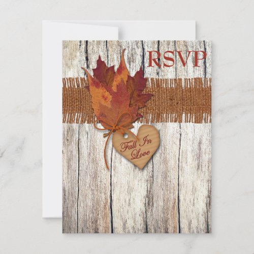 FAUX Burlap Wood Leaves Heart Wedding Reply Card