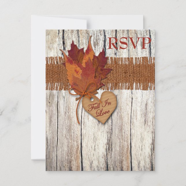 FAUX Burlap Wood Leaves Heart Wedding Reply Card (Front)