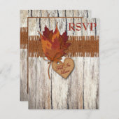 FAUX Burlap Wood Leaves Heart Wedding Reply Card (Front/Back)
