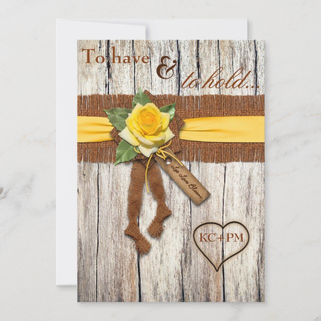 FAUX Burlap, Wood, Yellow Rose Wedding Invitation (Front)