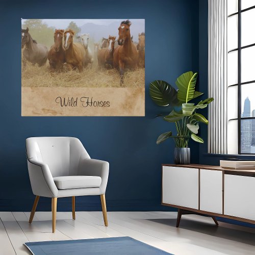 Faux Canvas Wild Horses Running Equine