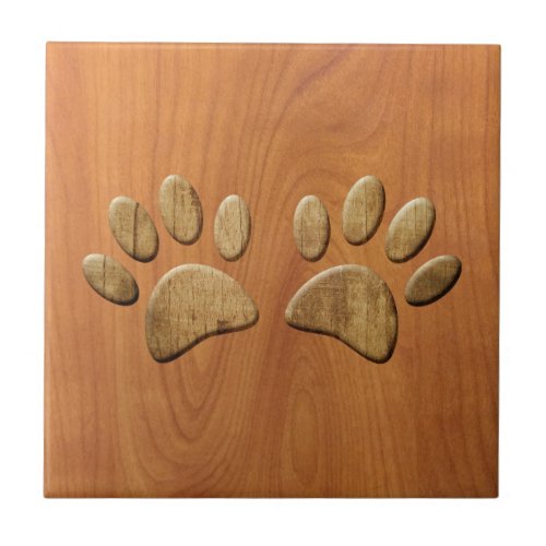 Faux Carved Wood Dog Paw Prints Ceramic Tile