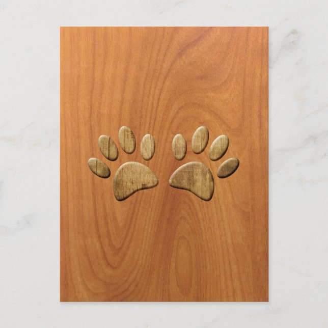 Faux Carved Wood Dog Paw Prints Postcard (Front)