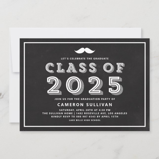 Faux Chalkboard Class of 2025 Mustache Graduation Invitation (Front)
