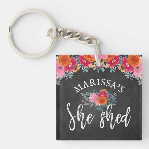 Faux Chalkboard Floral Brush Script She Shed Keychain