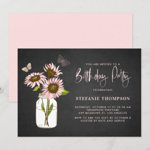 Faux Chalkboard Pink Sunflowers Birthday Party Invitation