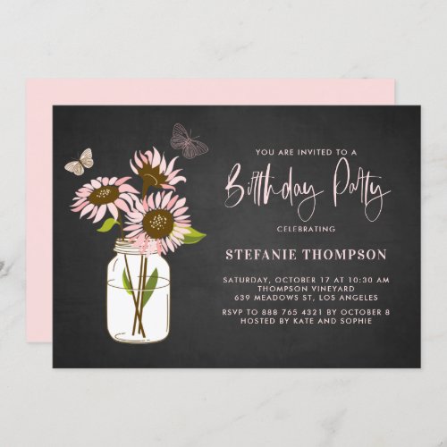 Faux Chalkboard Pink Sunflowers Birthday Party Invitation