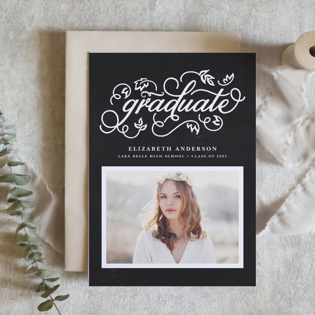 Faux Chalkboard Rustic Script Photo Graduation Invitation (Customizable photo graduation invitation featuring whimsical rustic calligraphy. )