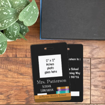 Faux Chalkboard School Librarian Photo Id Badge by ArianeC at Zazzle