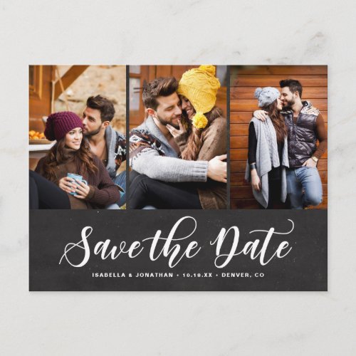 Faux Chalkboard Three Photo Collage Save the Date Announcement Postcard